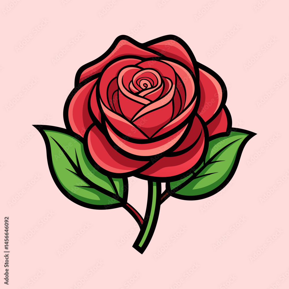 A Single Red Rose with Lush Green Leaves Illustration A Single Red Rose with Lush Green Leaves Illustration