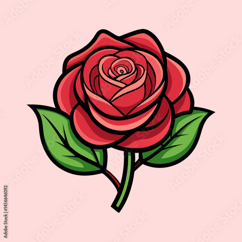 A Single Red Rose with Lush Green Leaves Illustration
