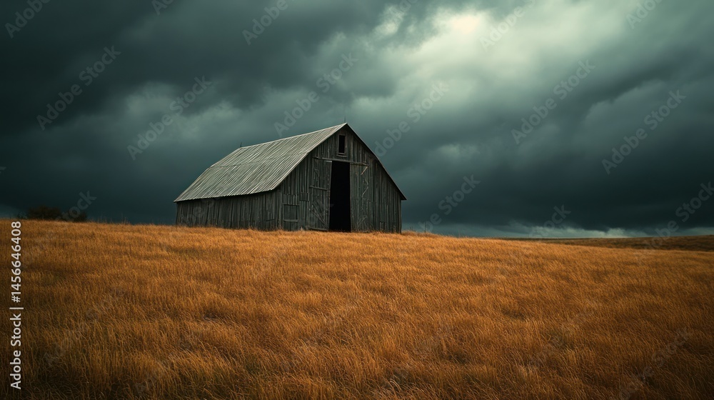 Gray barn on a golden field under a stormy sky. Gray barn on a golden field under a stormy sky.