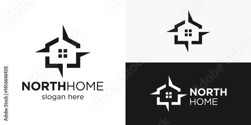 Creative simple north home logo template. Abstract house with compass logo design vector illustration.