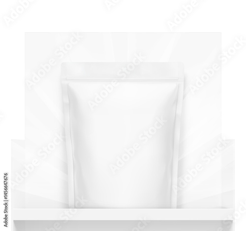 Realistic stand up pouch bag on shelf mockup. Front view. Vector illustration isolated on white background. Ready for your presentation and design. EPS10.