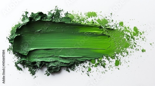 Green oil paint brush stroke on white canvas background in abstract style.