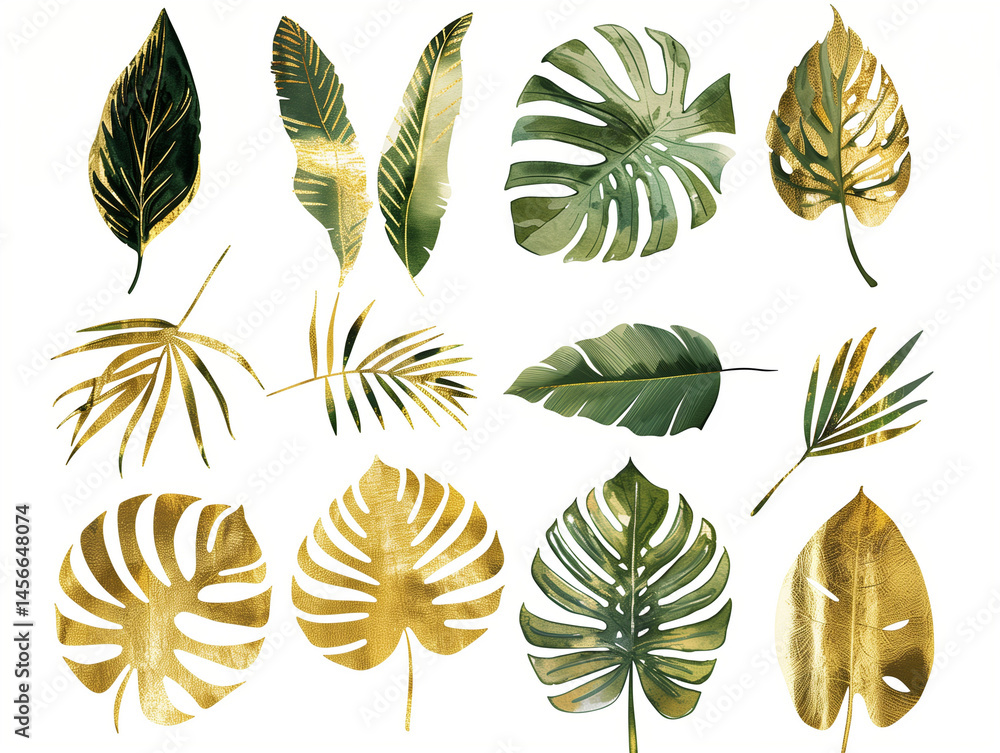 Fototapeta premium Minimal Gold Tropical Leaf Illustrations with White Background