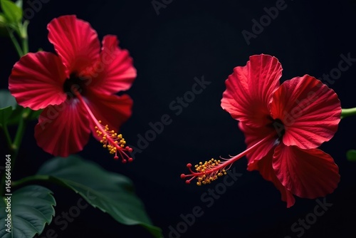 Bold hibiscus silhouettes, dark background, graphic design, modern, leaves, art
