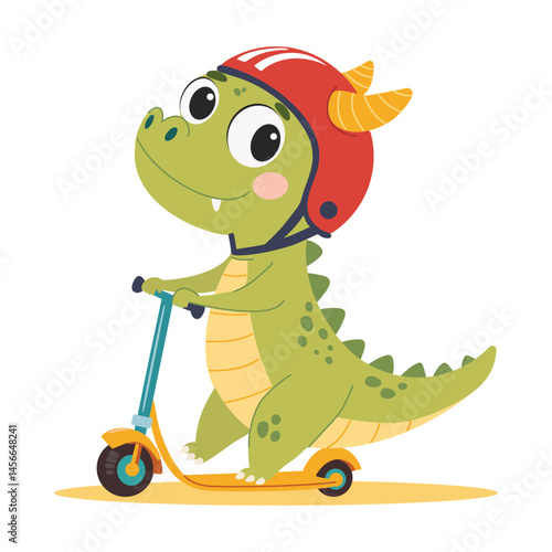 Cute crocodile in a helmet riding a scooter. Happy character on a scooter. Vector children illustration isolated on white background.