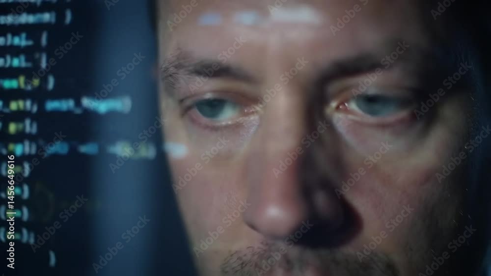 Focused programer face watching computer in data hologram closeup. Busy developer working late writing software language in dark office. Unshaven engineer man coding in technological server room