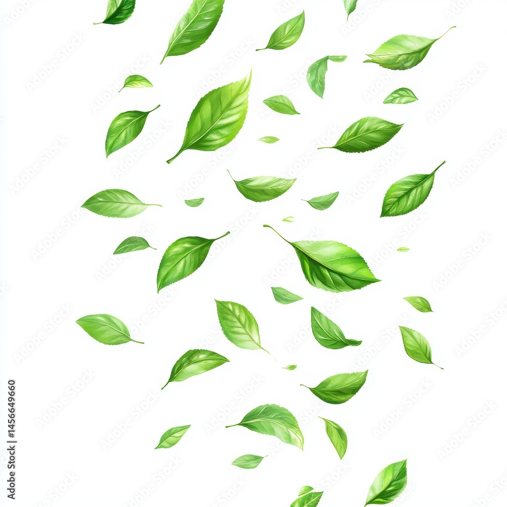Fresh Green Leaves Falling on White Background Studio Shot Botanical Illustration Nature Concept Fresh Green Leaves Falling on White Background Studio Shot Botanical Illustration Nature Concept