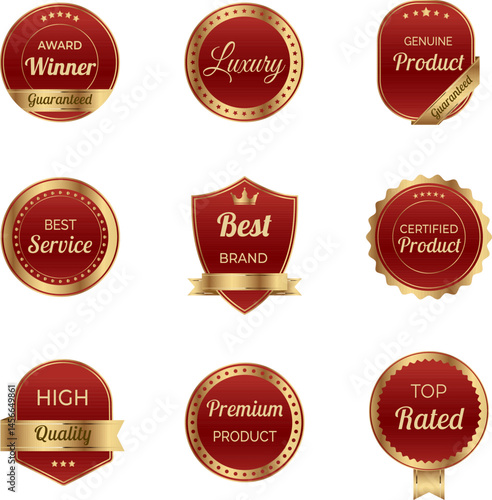 Elegant red and gold label set with luxury design. Ideal for best quality tags, award emblems and certified seals for top rated products. Premium vector badges for branding and packaging.