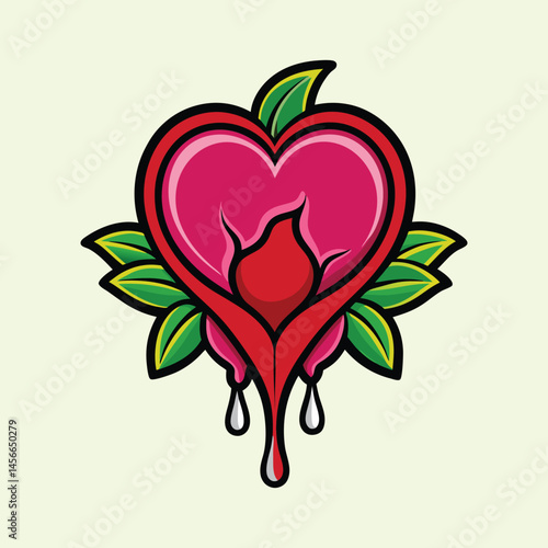 Heart Shaped Flower with Dripping Red Liquid and Green Leaves Tattoo Design Illustration