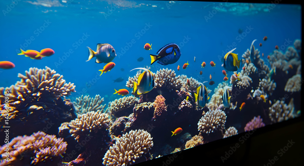 Naklejka premium Underwater Coral Reef Scene with Tropical Fish Swimming