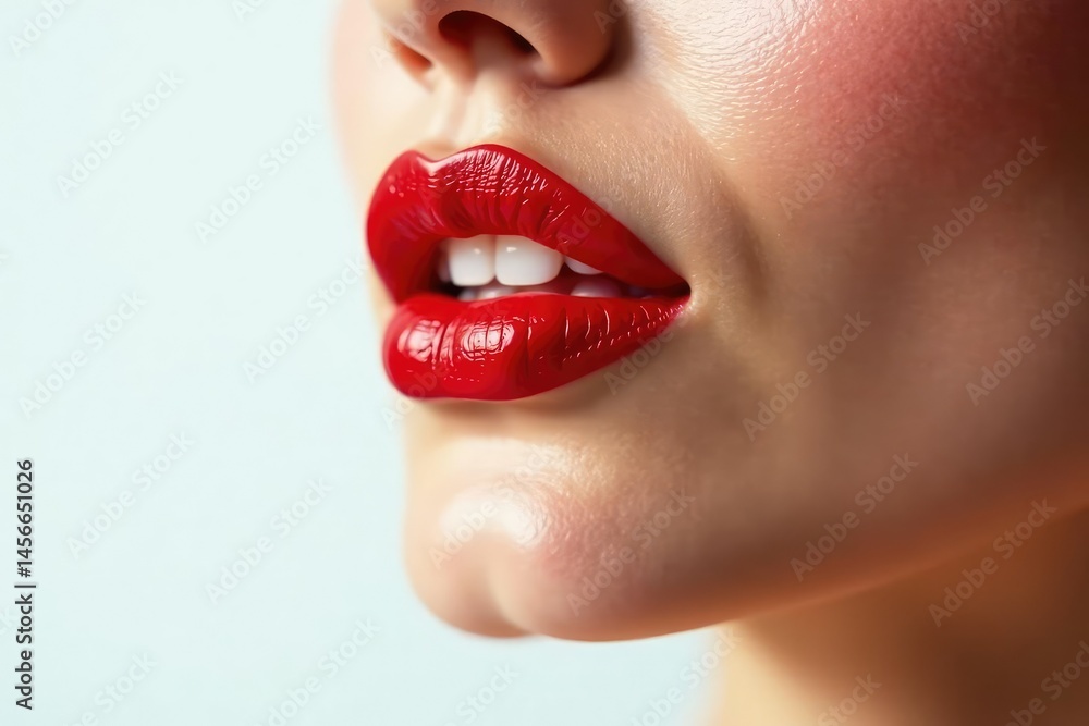 Naklejka premium Close-up vibrant red lipstick, pristine white backdrop, red lips, red