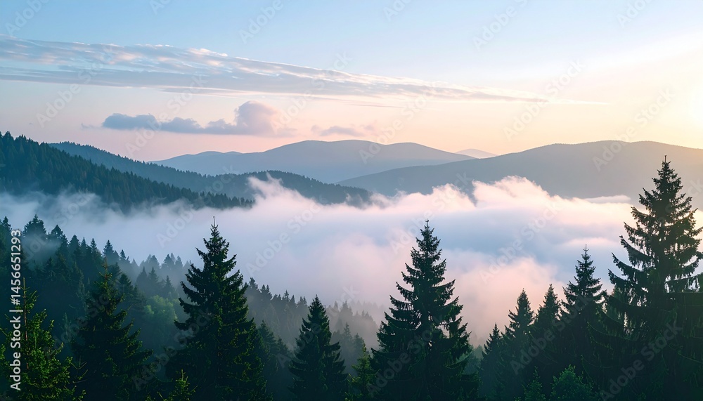 Serene Mountain Landscape at Sunrise with Mist Rolling Over Pine Trees – Ultra High Definition Scenic View Featuring Tranquil Nature, Soft Morning Light, and Peaceful Wilderness Serene Mountain Landscape at Sunrise with Mist Rolling Over Pine Trees – Ultra High Definition Scenic View Featuring Tranquil Nature, Soft Morning Light, and Peaceful Wilderness