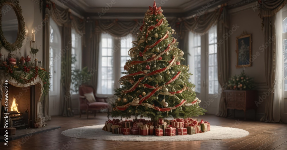 A classic Christmas tree, elegantly decorated with ribbons and traditional ornaments , baubles, yule A classic Christmas tree, elegantly decorated with ribbons and traditional ornaments , baubles, yule