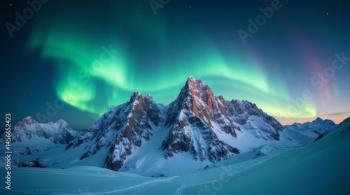 A breathtakingly detailed, high-resolution photograph of the Northern Lights dancing vibrantly above a snow-capped mountain range