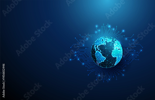 Futuristic globe with electronic circuit lines background. Cybersecurity, global data protection, digital risk management.