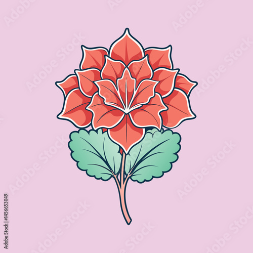 Elegant Red Flower with Green Leaves Botanical Illustration
