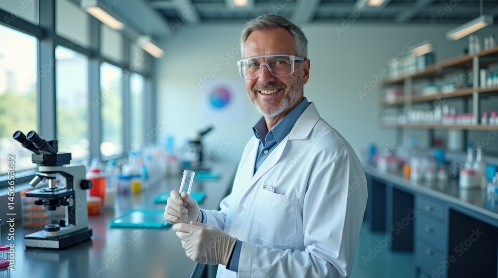 High-resolution stock photo of a middle-aged scientist with a focused expression, wearing a crisp white lab coat, standing in a well-lit, modern laboratory High-resolution stock photo of a middle-aged scientist with a focused expression, wearing a crisp white lab coat, standing in a well-lit, modern laboratory