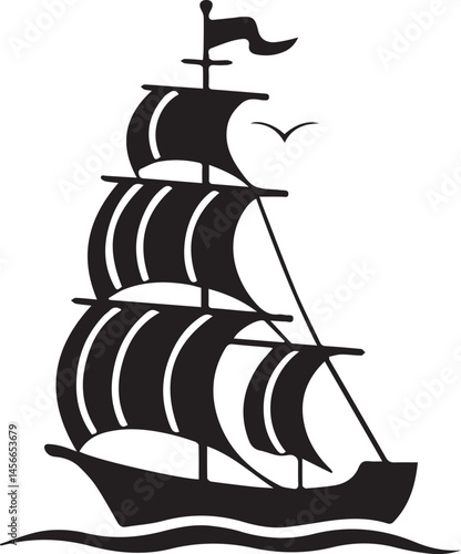 three-masted ship silhouette, sailing ship vector, ship silhouette clipart, sailing ship icon, three-mast sailing ship graphic, ship outline vector,