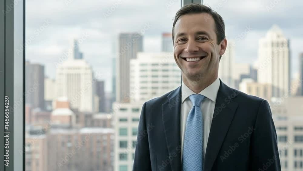 A successful businessman stands before a large window overlooking a cityscape He looks directly at the camera then smiles warmly A professional headshot perfect for corporate marketing A successful businessman stands before a large window overlooking a cityscape He looks directly at the camera then smiles warmly A professional headshot perfect for corporate marketing