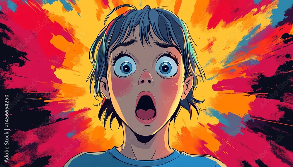 Naklejka premium stunned cartoon character in disbelief, wide eyes and mouth open in confusion, emotional impact amplified by bold colorful background, animated comic scene,