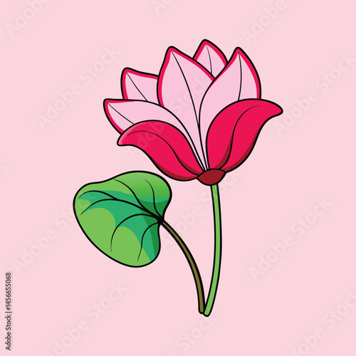Beautiful Pink and Red Flower with Green Leaf Illustration