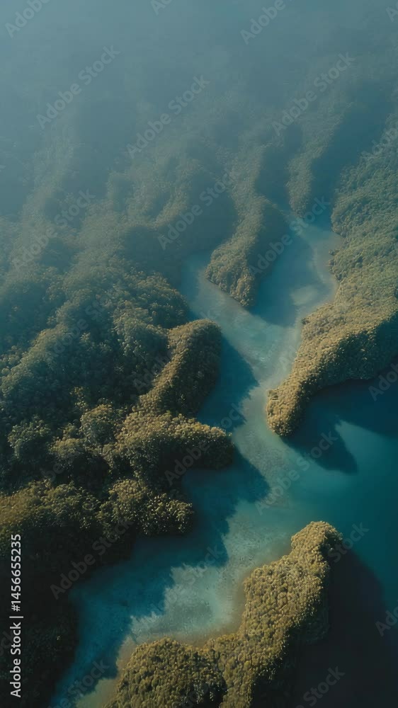 Aerial view capturing the serene meeting of lush green mangrove forests and clear turquoise waters, creating a tranquil tropical scene. Aerial view capturing the serene meeting of lush green mangrove forests and clear turquoise waters, creating a tranquil tropical scene.