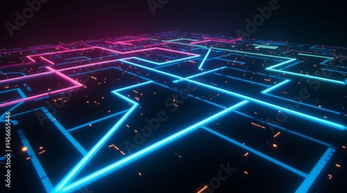 Vibrant neon light lines in shades of electric blue, hot pink, and lime green tracing intricate geometric patterns against a deep, inky black background