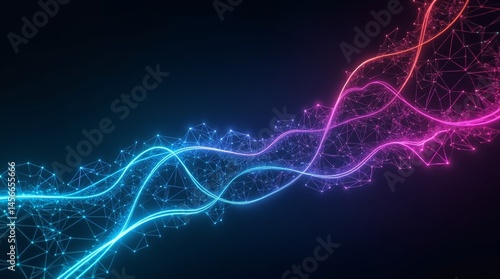 Vibrant neon light lines in shades of electric blue, hot pink, and lime green tracing intricate geometric patterns against a deep, inky black background