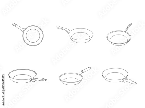 Frying pan hand-drawn outline doodle icon. Round deep frying pan. One continuous line drawing. Black insulated frying pan with handle, black contour in doodle style, vector illustration.