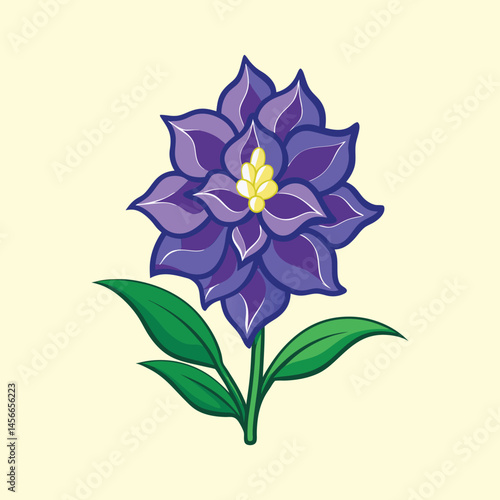 A Stunning Illustration of a Purple Flower with Green Leaves on a Pale Yellow Background