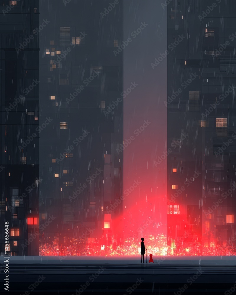 Obraz premium A man is standing in front of a tall building in a cold place, with a monolith that appears surreal, taller than a skyscraper, and evoking a sense of odontophobia, near a library with feet that seem