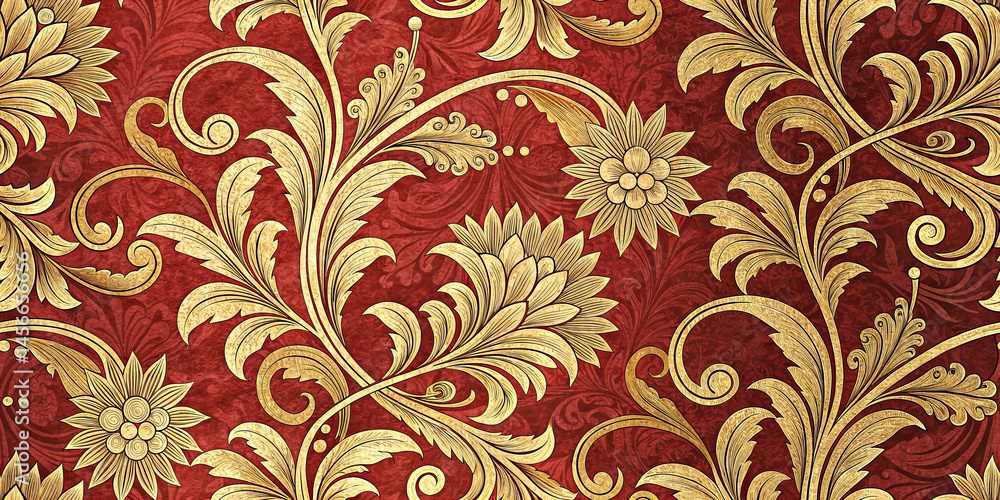 Obraz premium Luxurious Gold Floral Baroque Pattern on Rich Red Background