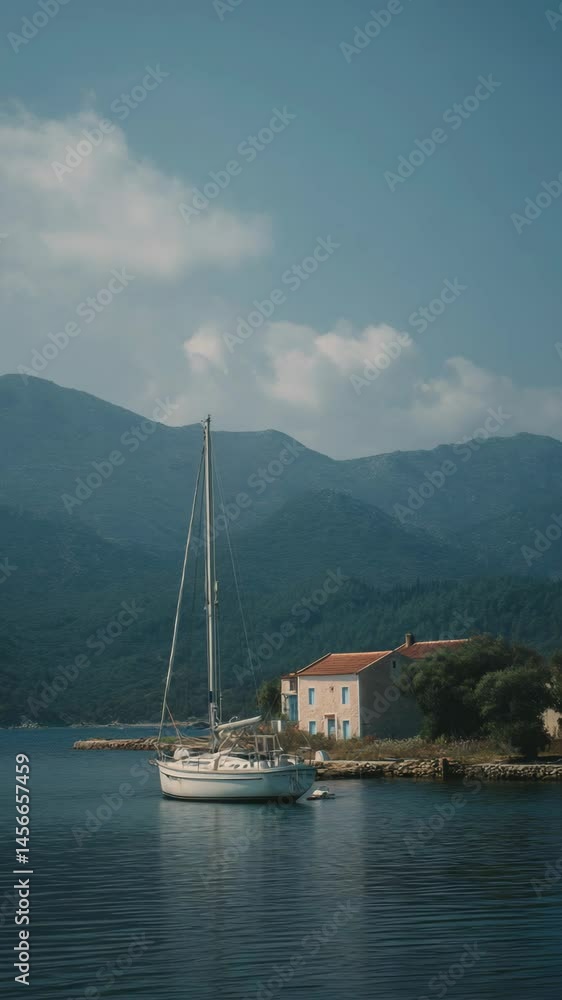 Sailboat moored near an old house on calm water reflecting the sky, with mountains and green trees in the background on a sunny day Sailboat moored near an old house on calm water reflecting the sky, with mountains and green trees in the background on a sunny day