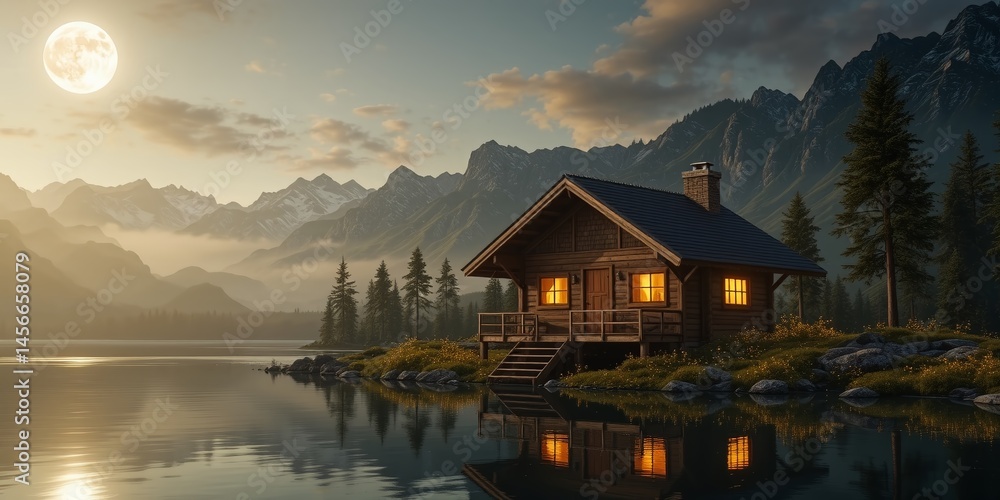 Fototapeta premium Moonlit Cabin by the Lake, Firefly Magic