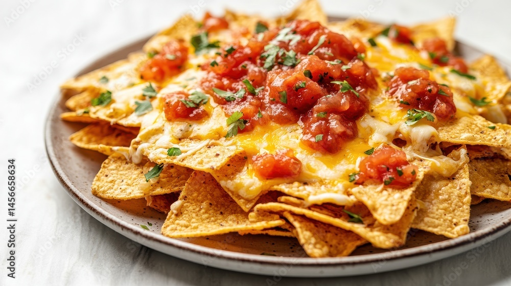 Delicious plate of nachos with cheese and salsa on white backdrop Delicious plate of nachos with cheese and salsa on white backdrop