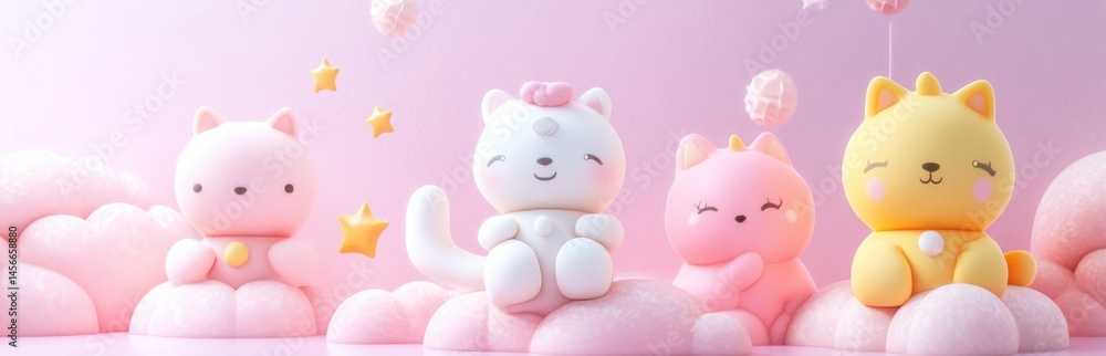Adorable kawaii animal figures resting on fluffy pink clouds, surrounded by stars and colorful balls. Perfect for children's room decor, toys, or playful art inspiration. Adorable kawaii animal figures resting on fluffy pink clouds, surrounded by stars and colorful balls. Perfect for children's room decor, toys, or playful art inspiration.