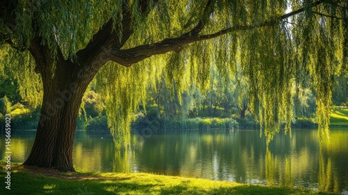 Peaceful lake scene with weeping willow. Lush greenery surrounds a calm body of water. Sunlight bathes the tranquil scene