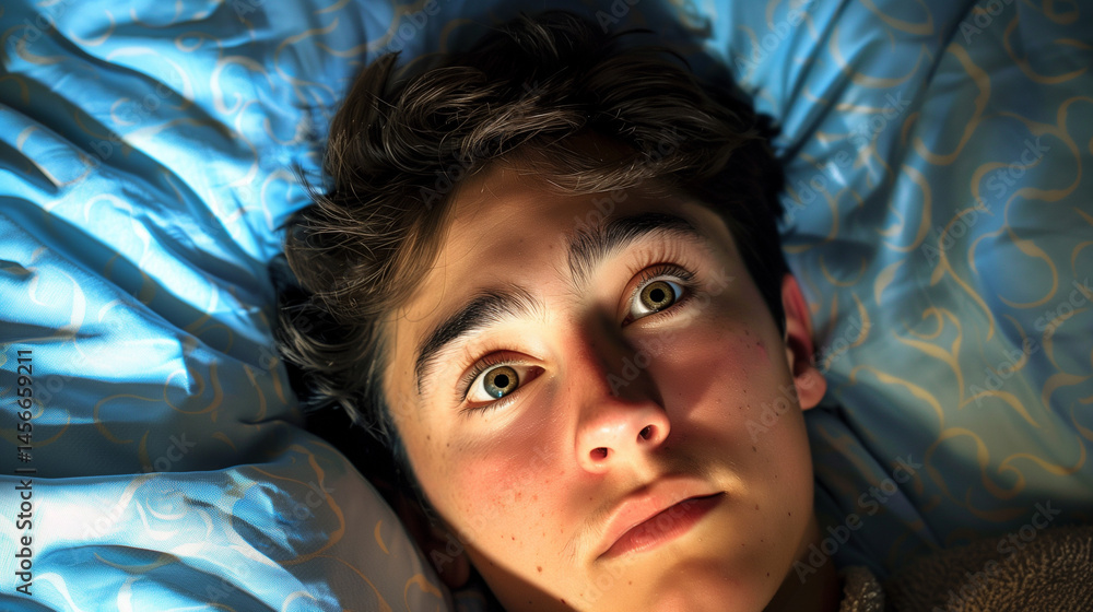 Young man lying in bed, staring upward, looking anxious.