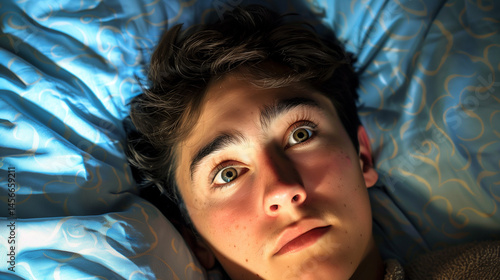Obraz na płótnie Young man lying in bed, staring upward, looking anxious. w salonie