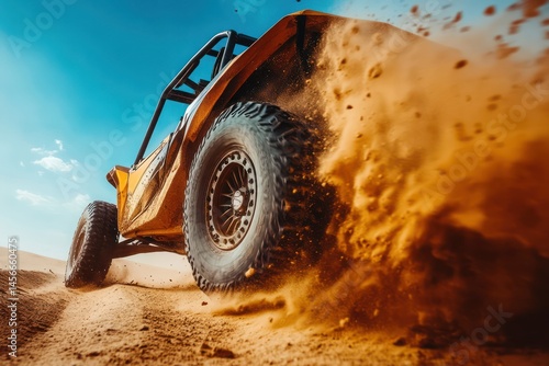 Off-roading UTV rally buggy racing over sand dunes