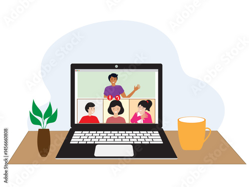 people connecting together learning meeting online teleconference video conference remote working laptop computer work from home anywhere illustration