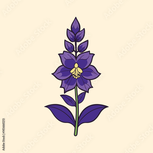 Vintage botanical larkspur illustration, purple delphinium flower vector, elegant floral wildflower element for wedding stationery and branding
