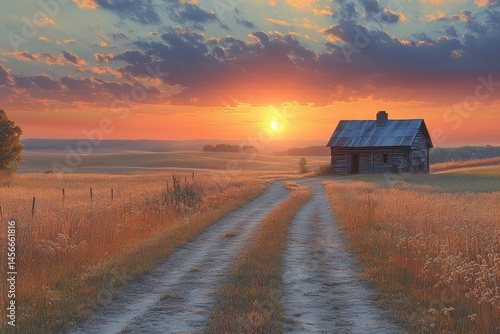 Serene Sunset Over Rustic Cabin Along Dusty Country Road