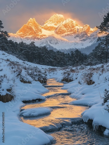 Serene Mountain Landscape at Dawn with Snow and Flowing Stream