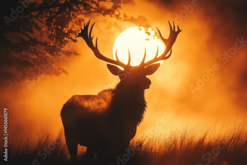 Majestic stag silhouette holding sun in misty sunrise