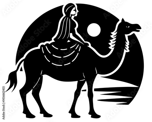 Woman riding camel in sunset