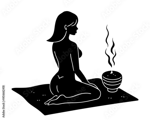 Woman silhouette on yoga mat with incense