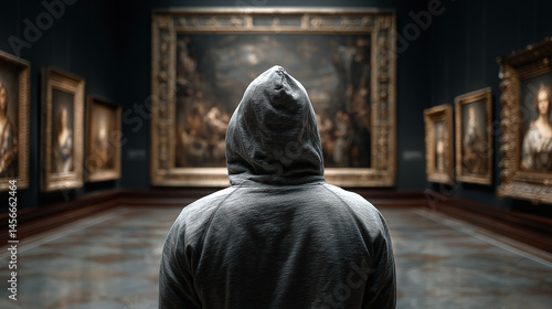Hooded figure stands before museum painting. Artwork heist crime concept. Thief in gallery planning robbery. Criminal contemplates stealing invaluable