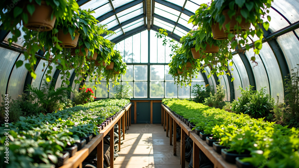 Greenhouse Interior with Potted Plants and Glass Roof Greenhouse Interior with Potted Plants and Glass Roof