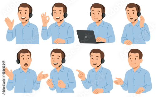 Customer service operator gestures and expressions with headset for communication concepts